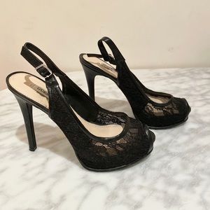 Guess Black Lace Peep Toe Platform Slingback Pumps